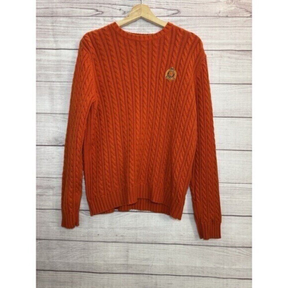 VTG Australia RALPH LAUREN Orange Braided Cable Knit Crest Logo Cotton Sweater M